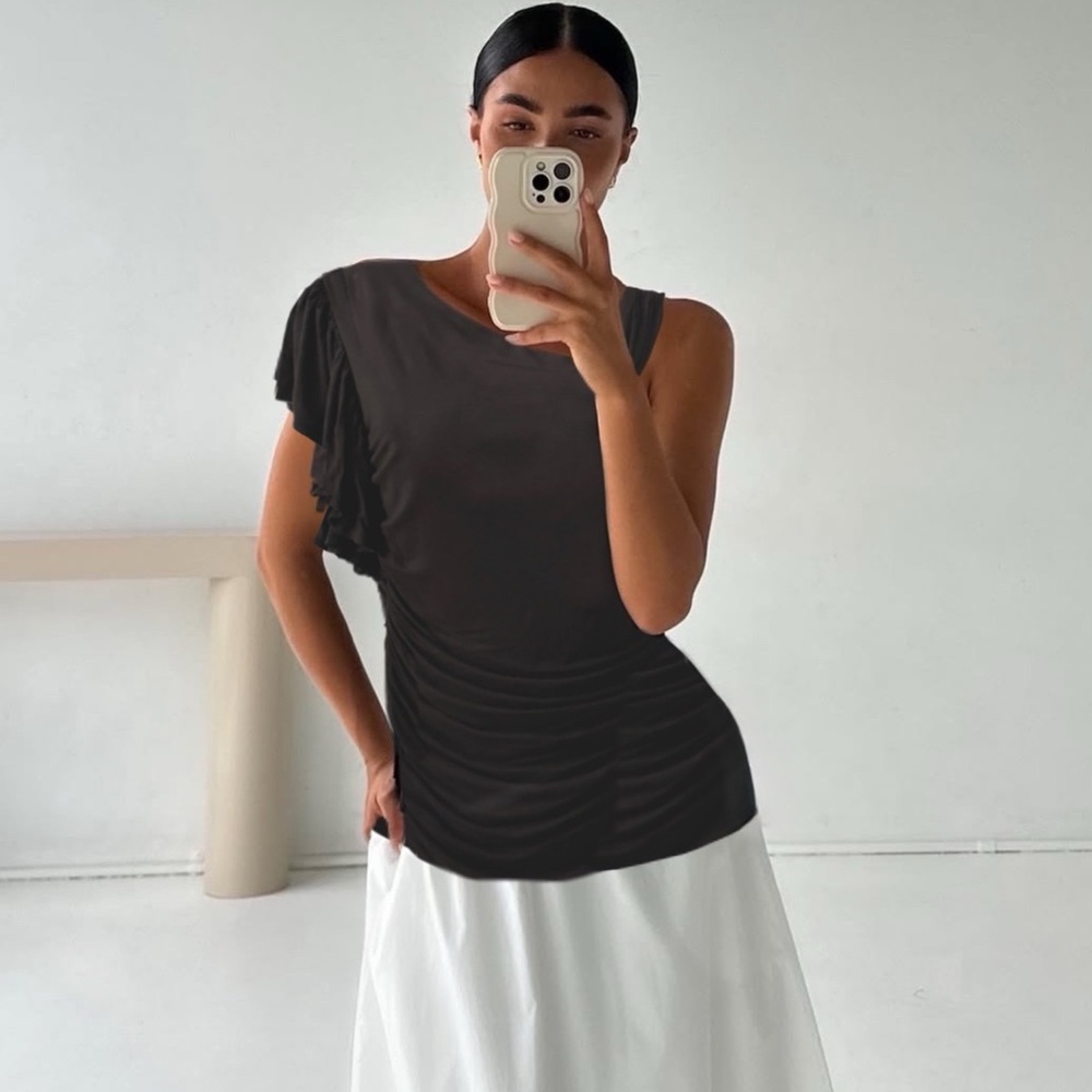 MADISON THE LABEL • One-Shoulder Ruffle Flutter Sleeve Ruched Top - Picture 2 of 6